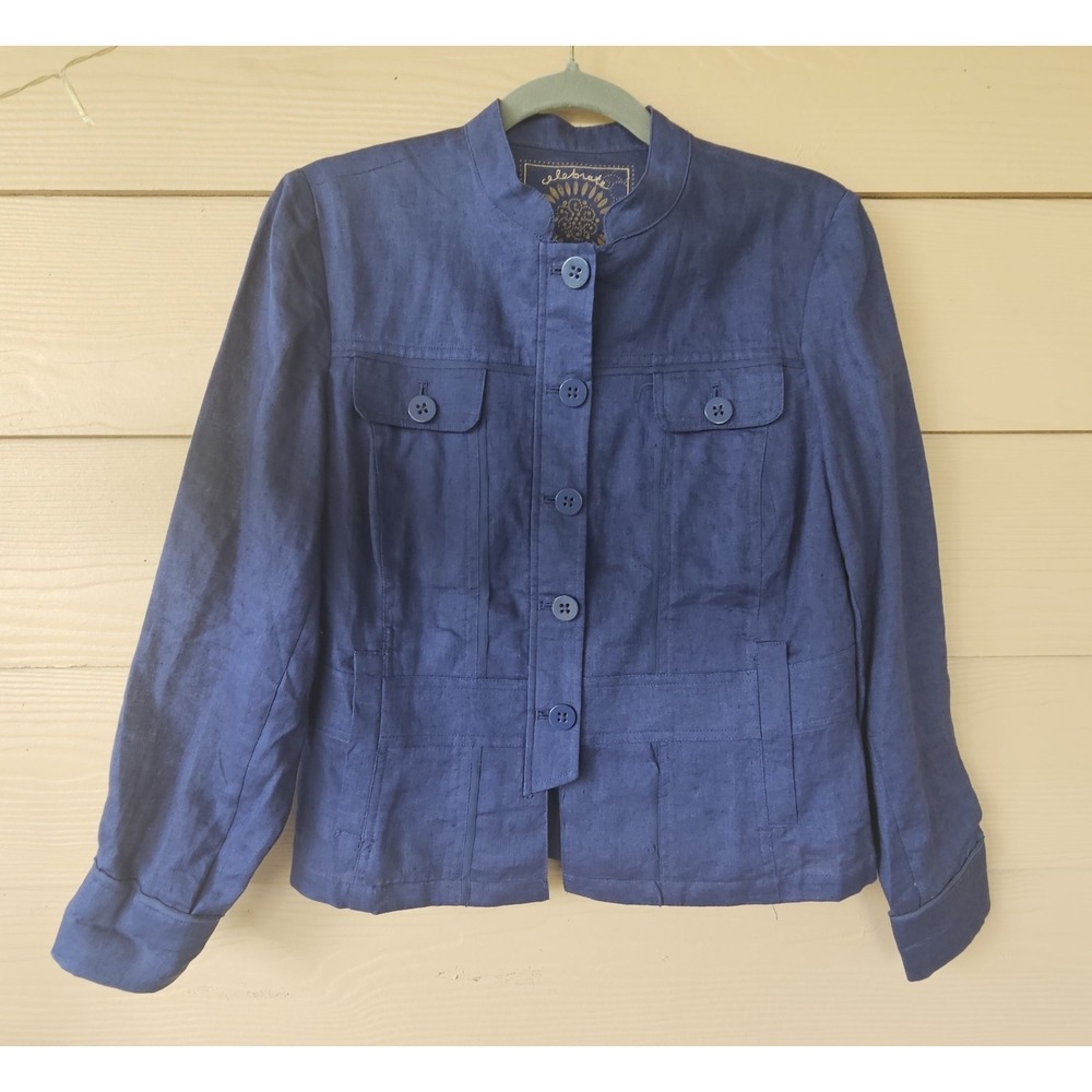Coldwater Creek Linen Celebrate Your Spirit Sz P 10 Blue Button Front Jacket